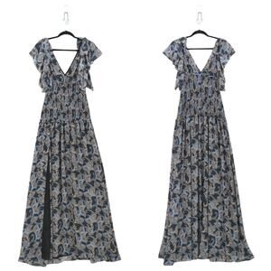 Cinq a Sept Women 2 Kris Dress Raven Blue Paisley Smocked Chiffon Maxi NEW FLAW